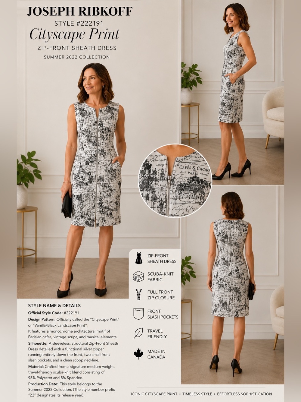 Joseph Ribkoff Cityscape Print Paris Newspaper Zip Front Sheath Dress Sz 10